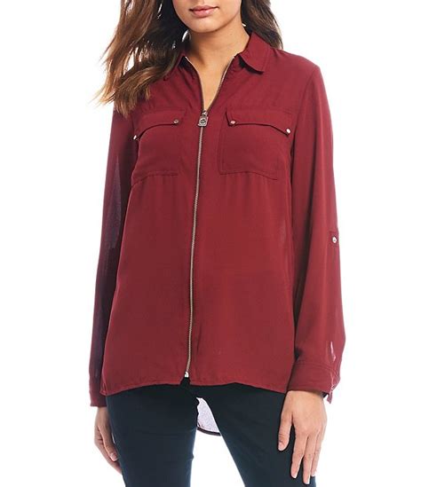 macys michael kors liquid crepe roll-tab sleeve zip-front top|Michael Kors Long.